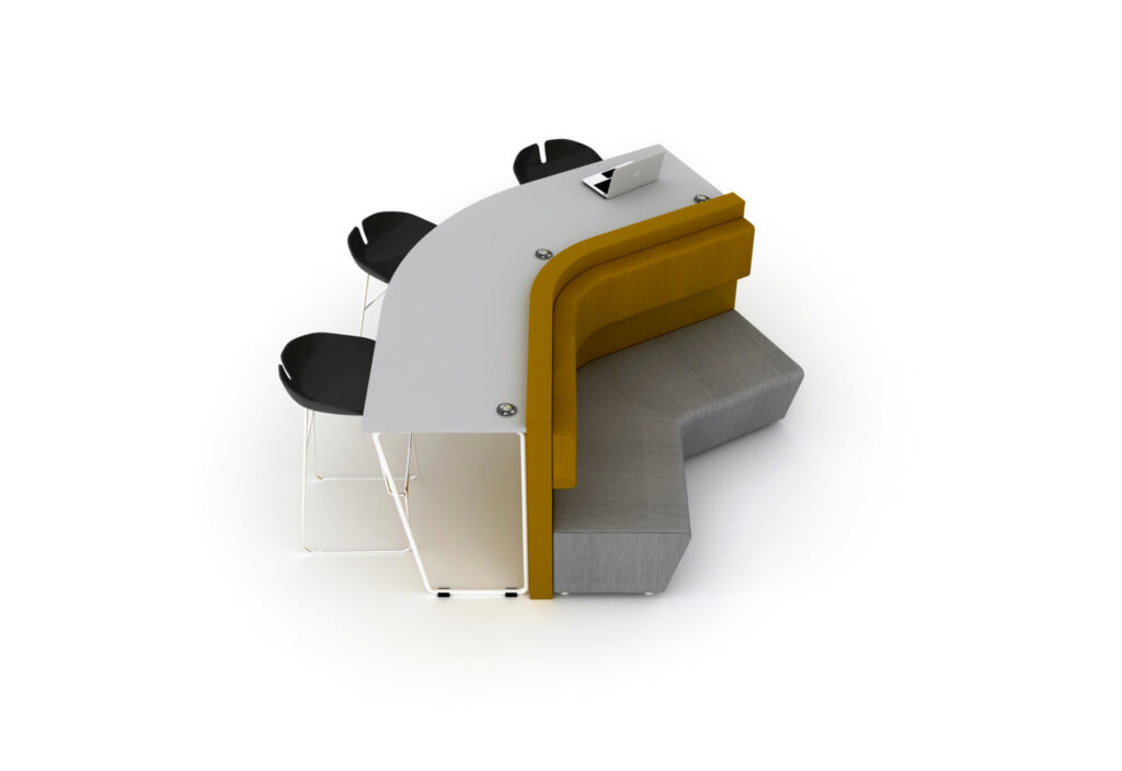 CONF 6 modular conference table with integrated seating and black bar stools