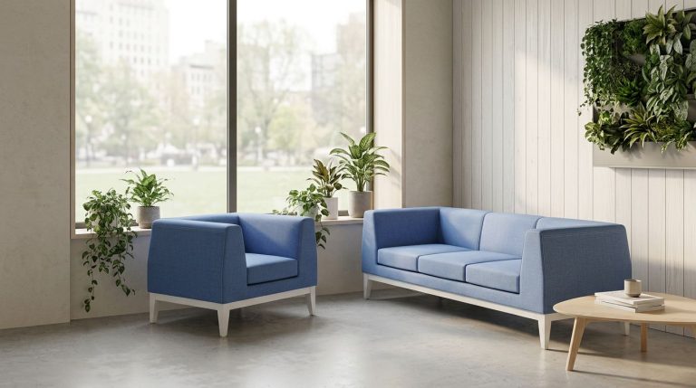 Office breakout area with modular seating, plants, and a coffee table
