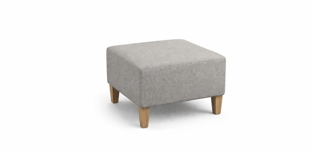 Square upholstered ottoman with wooden legs, suitable for breakout seating.