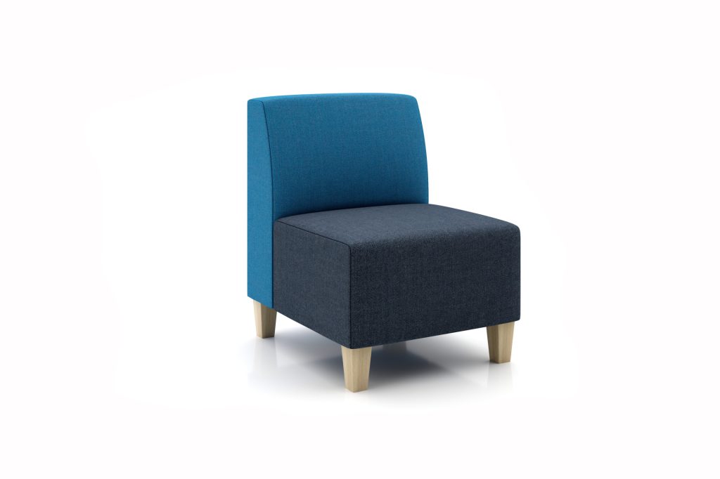 Modular breakout seating with a blue backrest and dark seat, on light wooden legs.