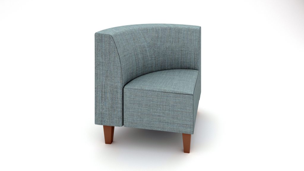 Curved modular breakout seating unit with wooden legs.