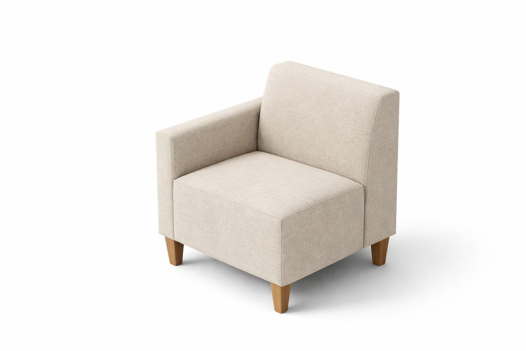 Modular breakout seating unit with one armrest and wooden legs.