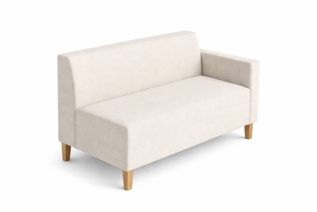Modular breakout seating with a high back and one armrest, on wooden legs.