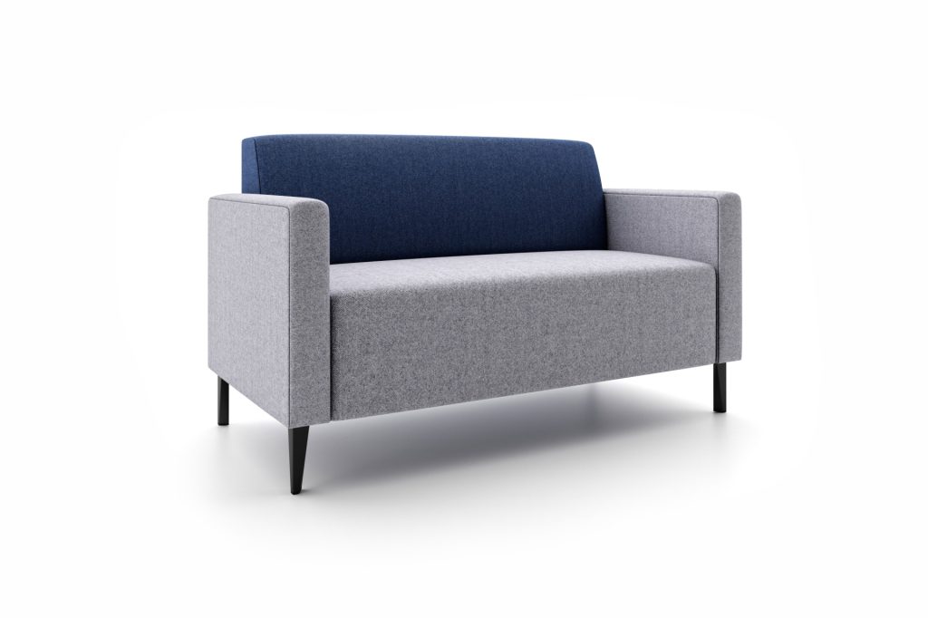 Two-tone modular breakout seating, light grey base and arms, dark blue backrest, black legs.