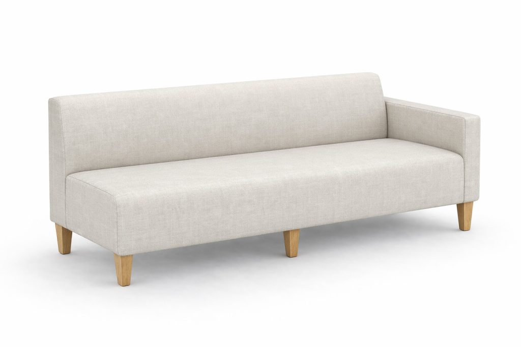 Modular breakout seating, light fabric sofa with one armrest and wooden legs for office reception or education