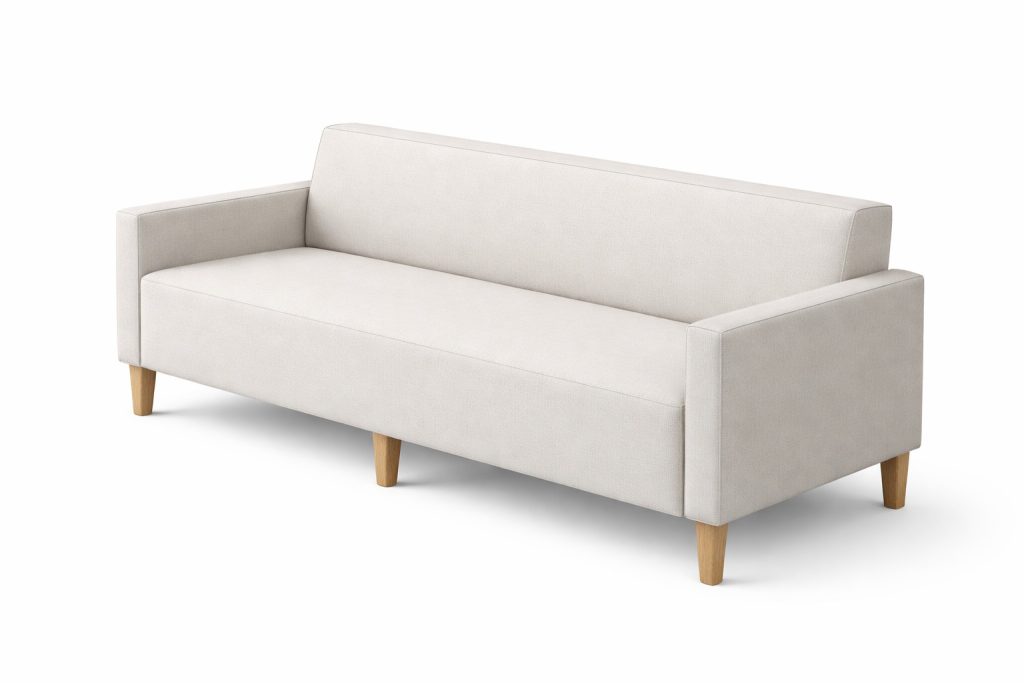 Two-seater modular breakout seating with light fabric upholstery and wooden legs, suitable for reception areas.