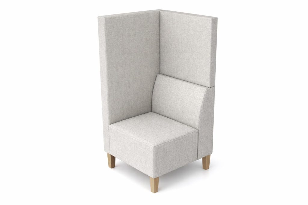 Modular breakout seating unit with high back and sides, light fabric upholstery, and wooden legs.