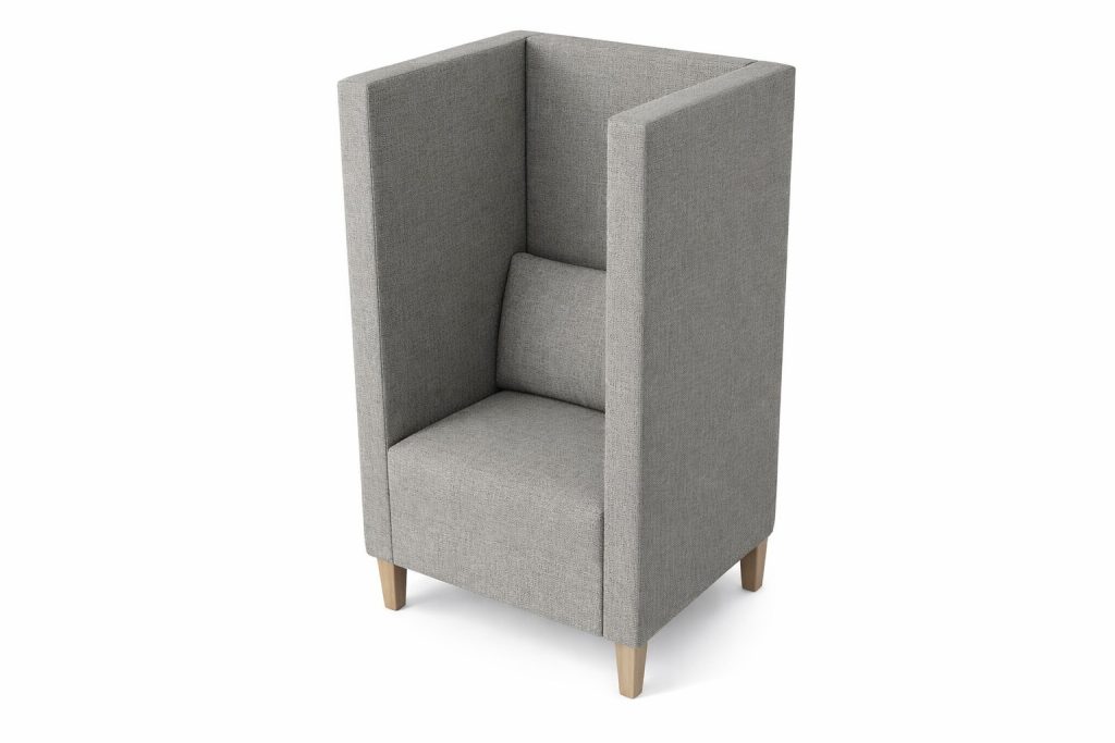 High-back acoustic office chair with light wooden legs, designed for breakout spaces.