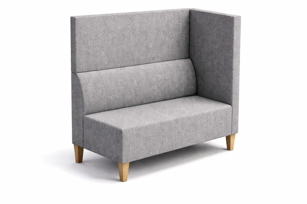 Modular breakout seating unit with high back and side panel, light wooden legs