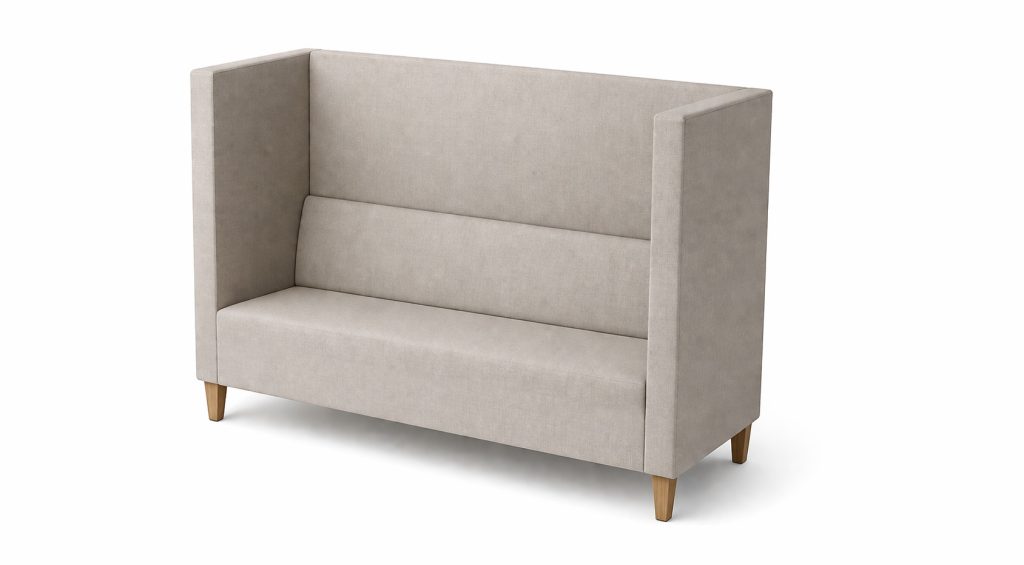 High-back modular breakout seating with acoustic panels, upholstered in light fabric, on wooden legs.