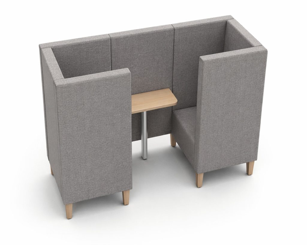 Modular breakout seating booth with high upholstered sides and a small table.