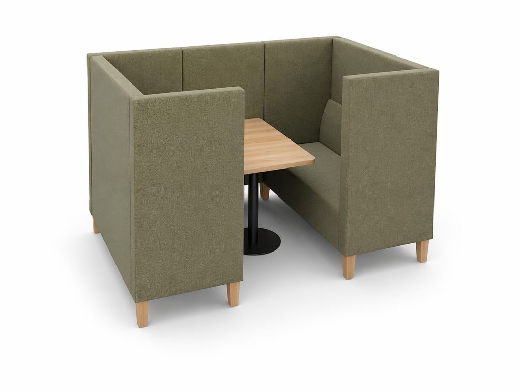 Modular breakout booth with upholstered high sides and back, integrated wooden table, and wooden legs.