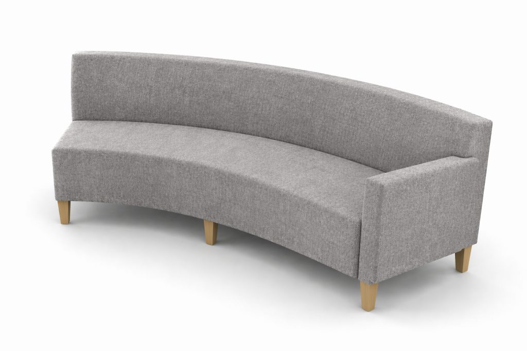 Curved modular breakout seating with a high back and wooden legs, suitable for reception and office spaces.