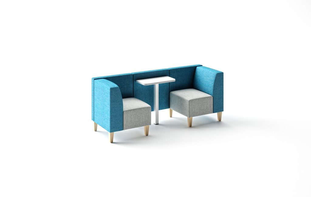 Modular breakout seating with high back, two seats, and a central table.